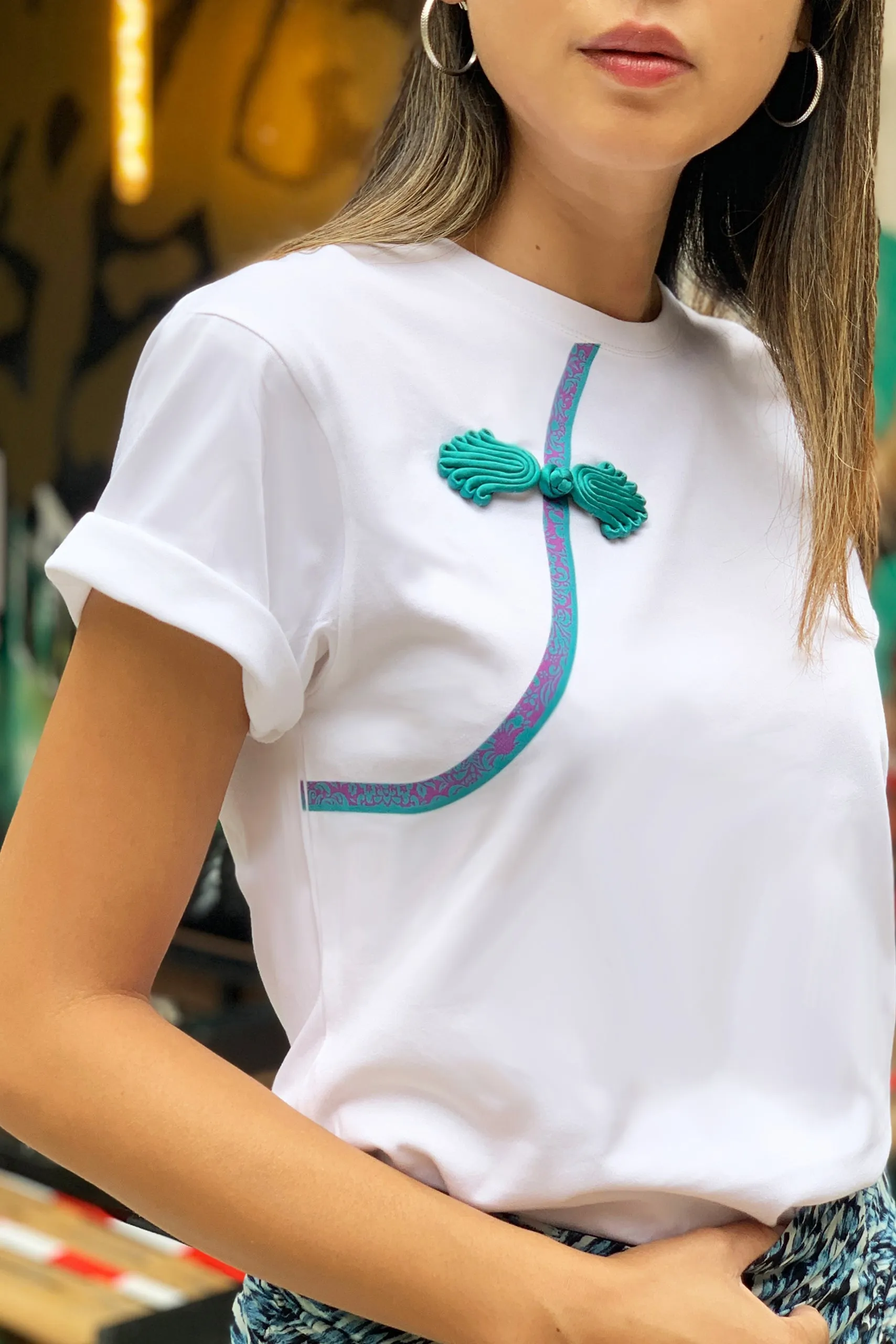 IRINA FRONT FLAP PRINT TEE - GREEN/ PURPLE